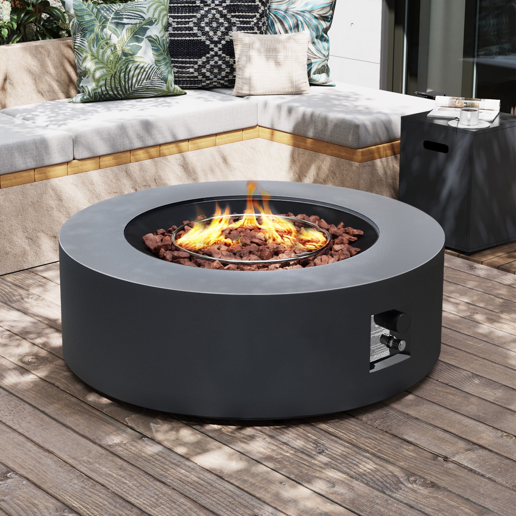 UPHA 42-inch Outdoor Propane Round Fire Pit Table 50000 BTU Iron Gas FirePit for Outside Patio with Tank Cover, Removable Lid, Lava Rocks, Rain Cover, Grey