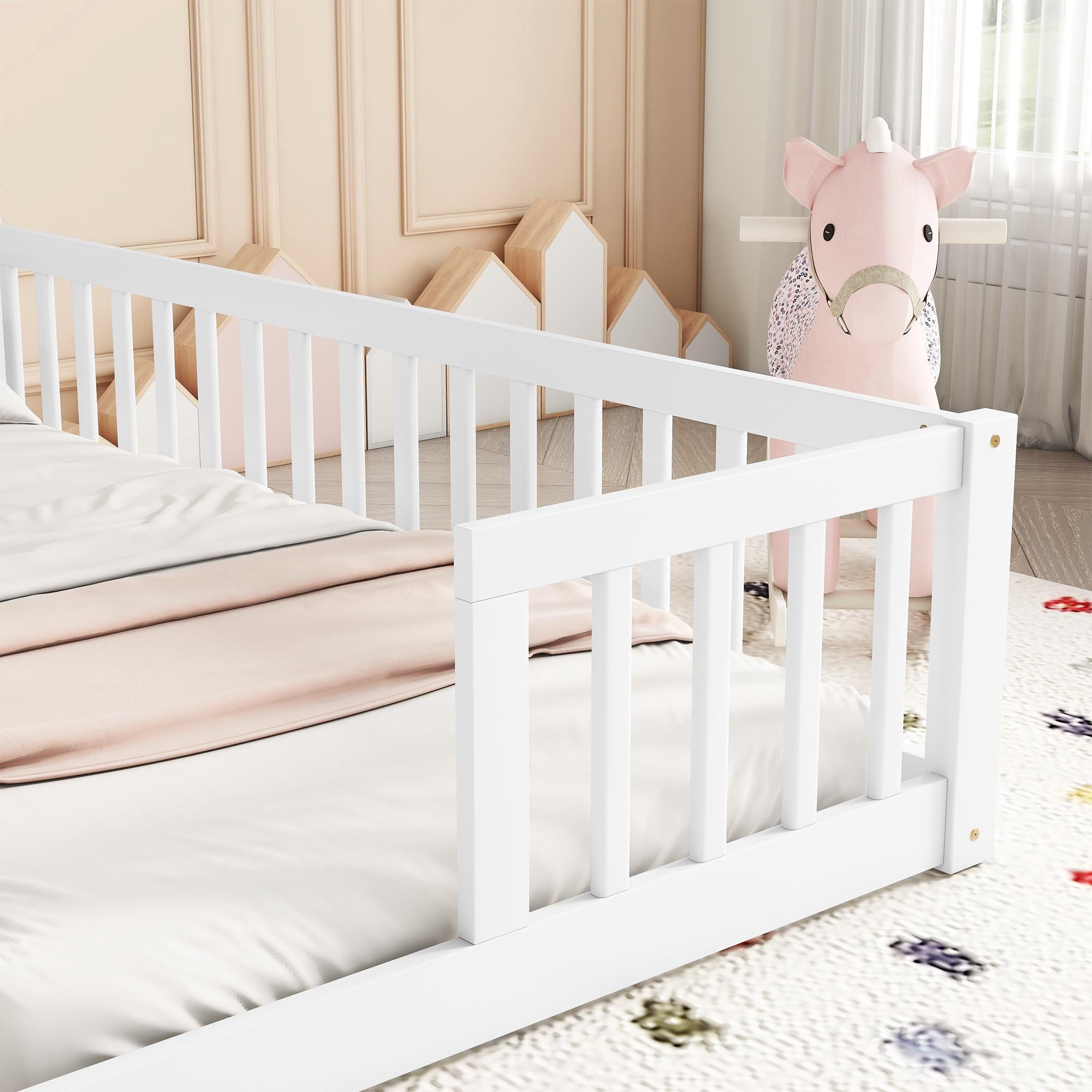 PORKISS Twin Size Floor Bed for Kids, Double Wood Montessori Bed Frame with Fence, White