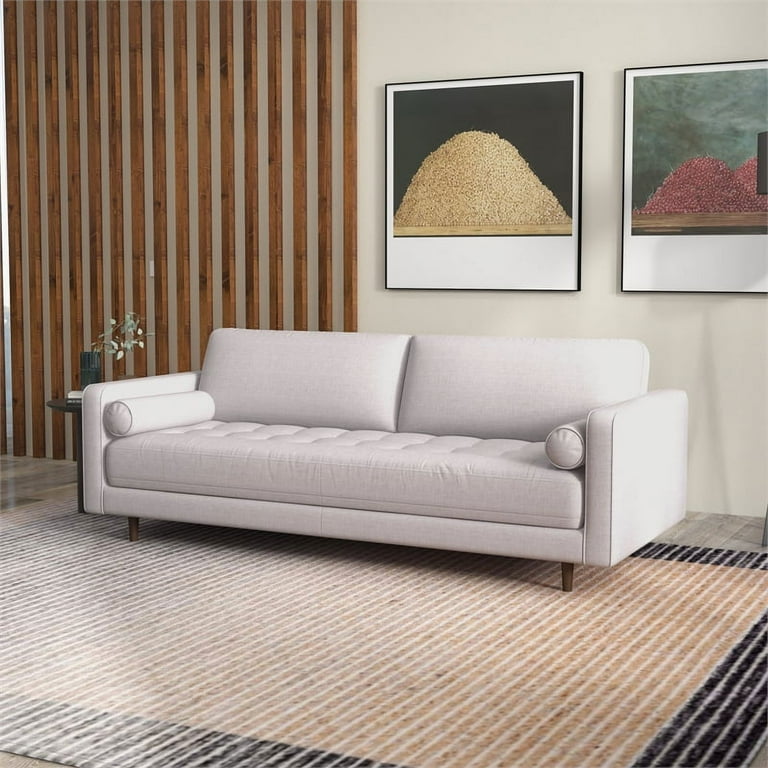 Demi Living Room Mid Century Modern Cushion Back Fabric Sofa in Beige