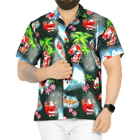 LA LEELA Men's Hawaiian Christmas Tree Shirts Short Sleeve Button Down Shirt Mens Shirts Beach Aloha Shirts for Men Funny S Santa Reindeer, Black