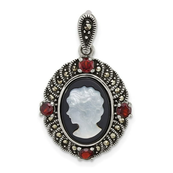 Sterling Silver Antiqued Marcasite and Garnet with Black Agate and Mother of Pearl Cameo Pendant