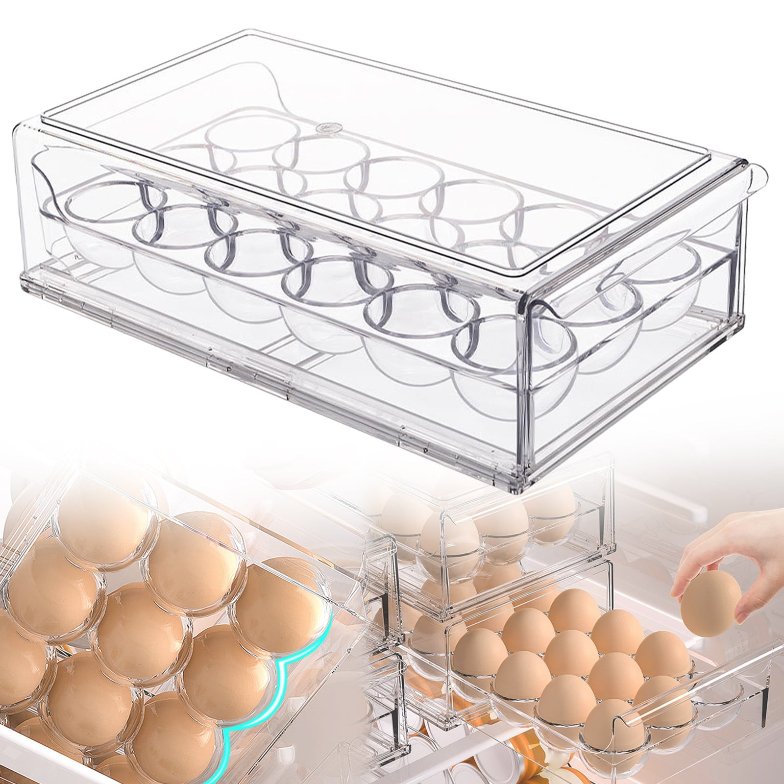 Kingtowag Stackable 12/18 Egg Holder for Fridge, Transparent Egg Dispenser Refrigerator Organizer, Large Inventory, Large Inventory
