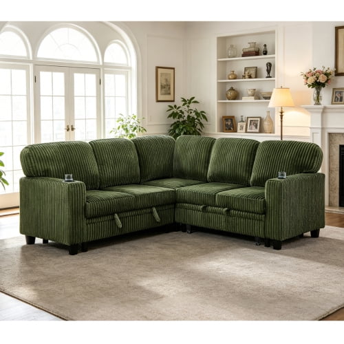 Howcool Modular Sectional Sleeper Sofa, 81" L-Shaped Oversized Cloud Couch with Pull-Out Bed, 5-Seat Corduroy Sofa with Storage Chaise, USB Charging and Cup Holders for Living Room Apartment,Green
