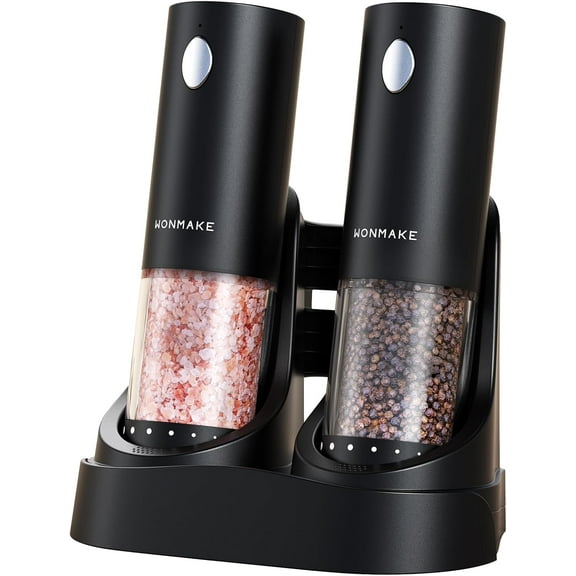 Wonmake Electric Salt and Pepper Grinder Set with Charging Base & LED Light, Adjustable Coarseness