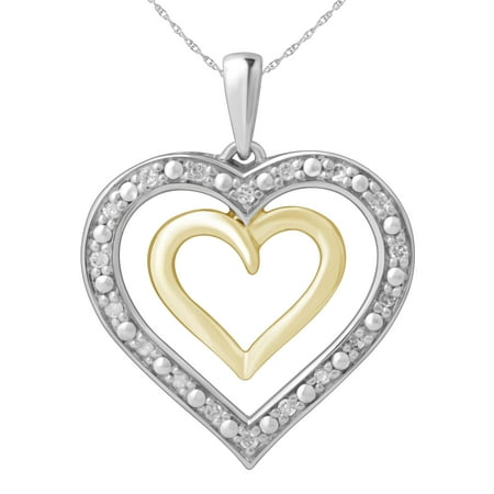 Diamond Double Heart Shaped Pendant in Sterling Silver and 14 Karat Yellow Gold