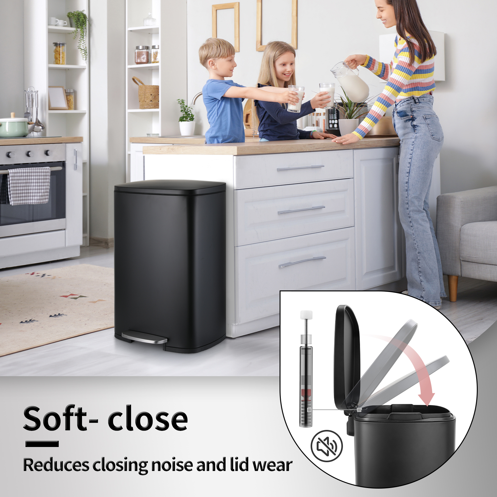 TLSUNNY 13.2+1.3 Gal Trash Can Set, Stainless Steel Kitchen Garbage Can Combo with Soft-Close Lids, Inner Bucket, Foot Step