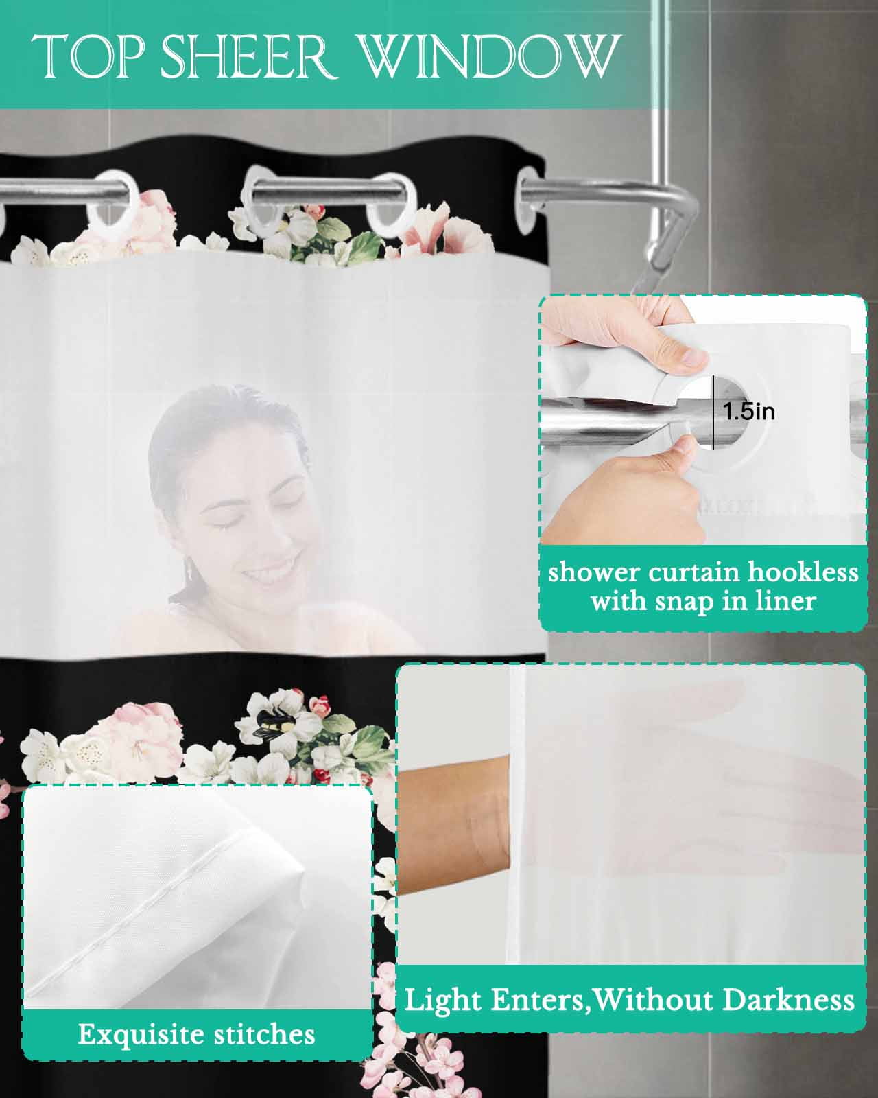 No Hook Shower Curtain with Snap in Liner, Flowers Plant Pink White Floral on Black Hotel Shower Curtains for Bathroom, Washable Shower Curtain Liner Set with Mesh Top Window, 54"x78"