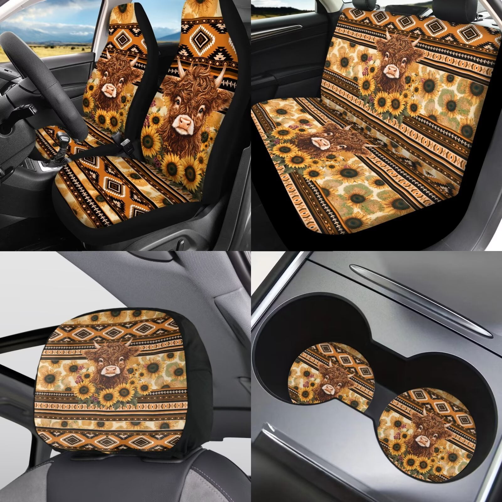Garronmavis Aztec Highland Cow Car Seat Covers Set with Auto Headrest Cover+Handbrake Gear+Shift Knob Cover+Auto Cup Coaster+Wristlet Keychain Light Breathable Auto Interior Protector