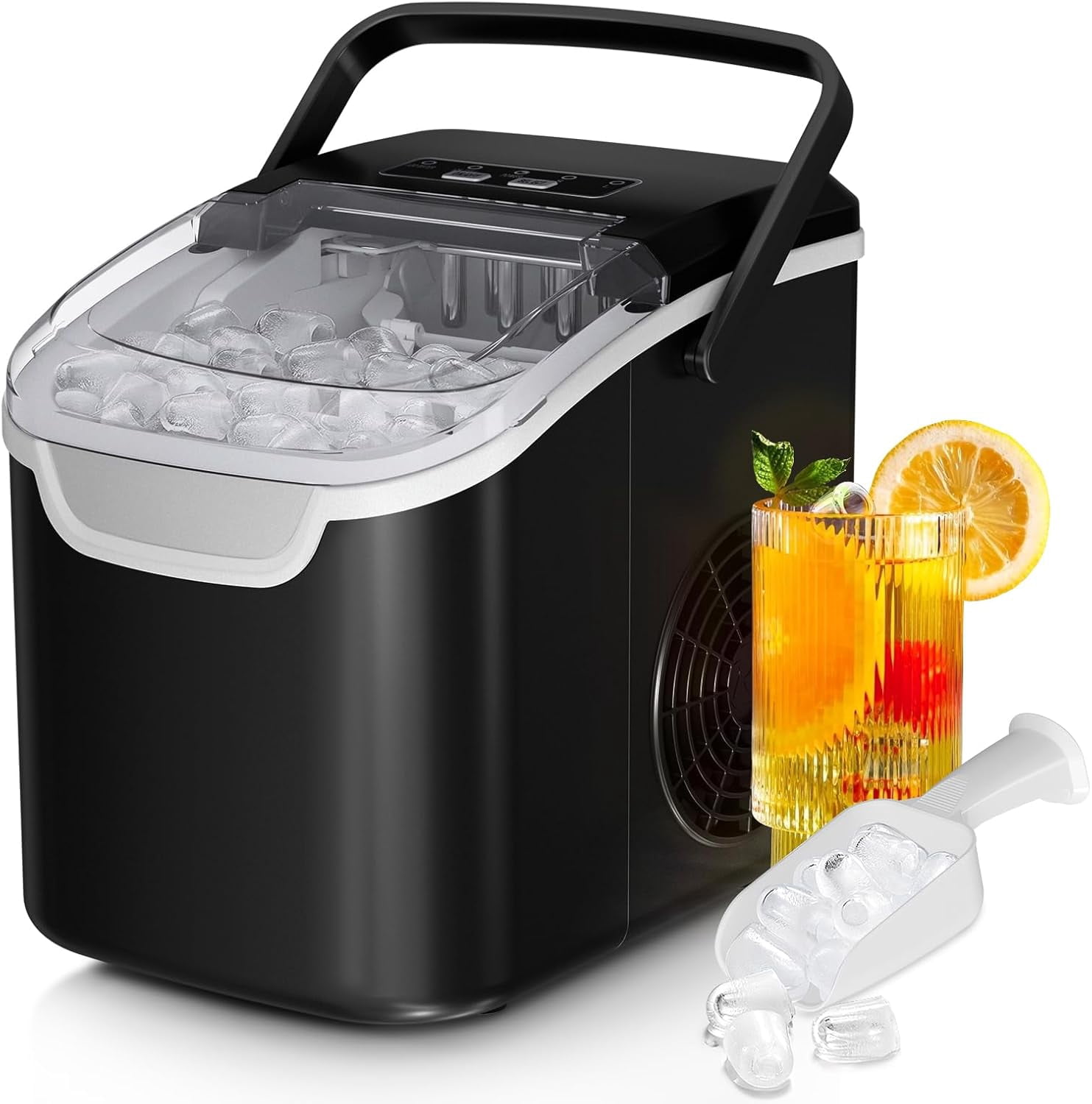 Countertop Portable Ice Maker Machine, 8 Ice Cubes in 6 Mins, 26Lbs/Day Output, 2 Sizes Bullet Ice, Energy Saving Mini Ice Machine with Ice Basket & Scoop, Black for Home, Party, Travel, Camping & Ba