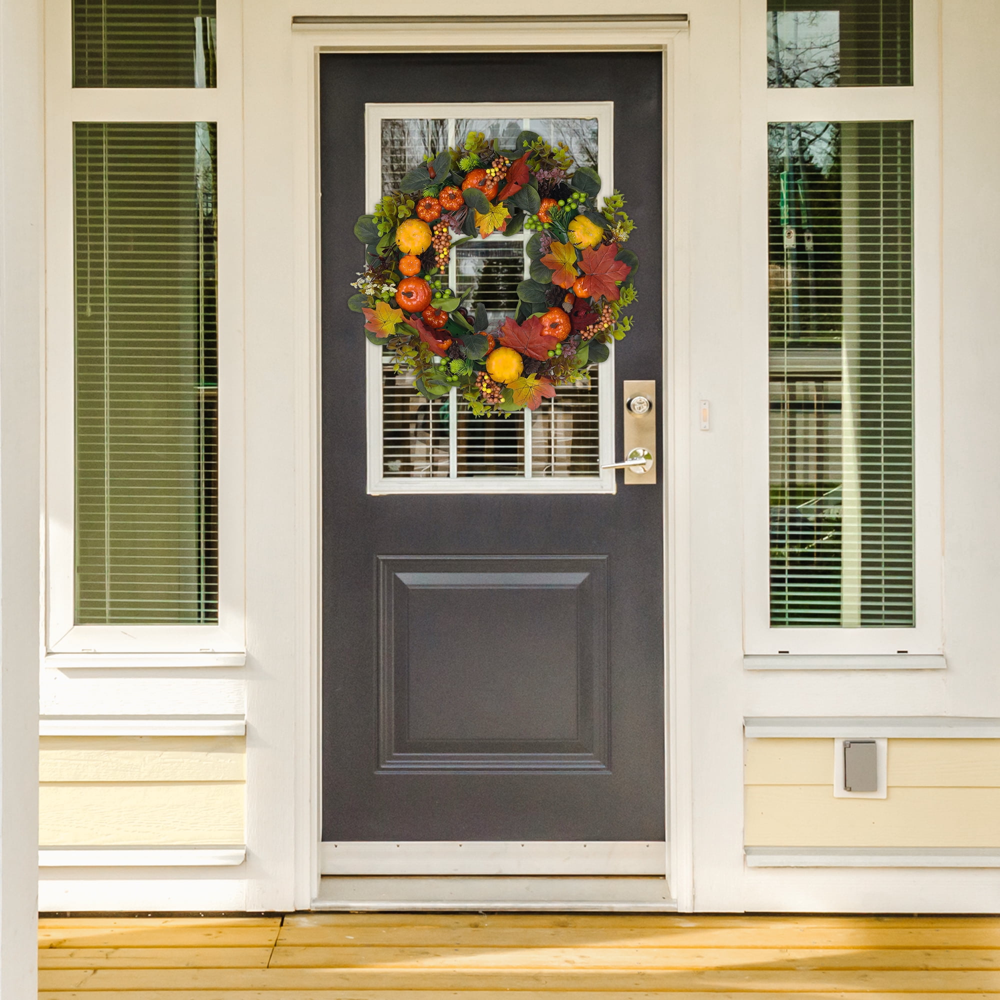 Unique Bargains Halloween Pumpkin Wreath Front Door Decor with Berries Maple Leaves Yellow