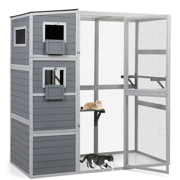Seizeen Cat House for Outdoor, Catio Enclosure for Cat Wooden Large Kitty Cage , w/Platform, Resting Box, 4-tier Shadow Design, 70''H x 76''W