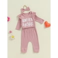 thumbnail image 4 of Elippeo 3-Piece Baby Girls Ribbed Set Letter Print Long Sleeve Round Neck Ruffled Romper Long Trousers Hair Band Adorable Outfits 3 6 9 12 Months, 4 of 9