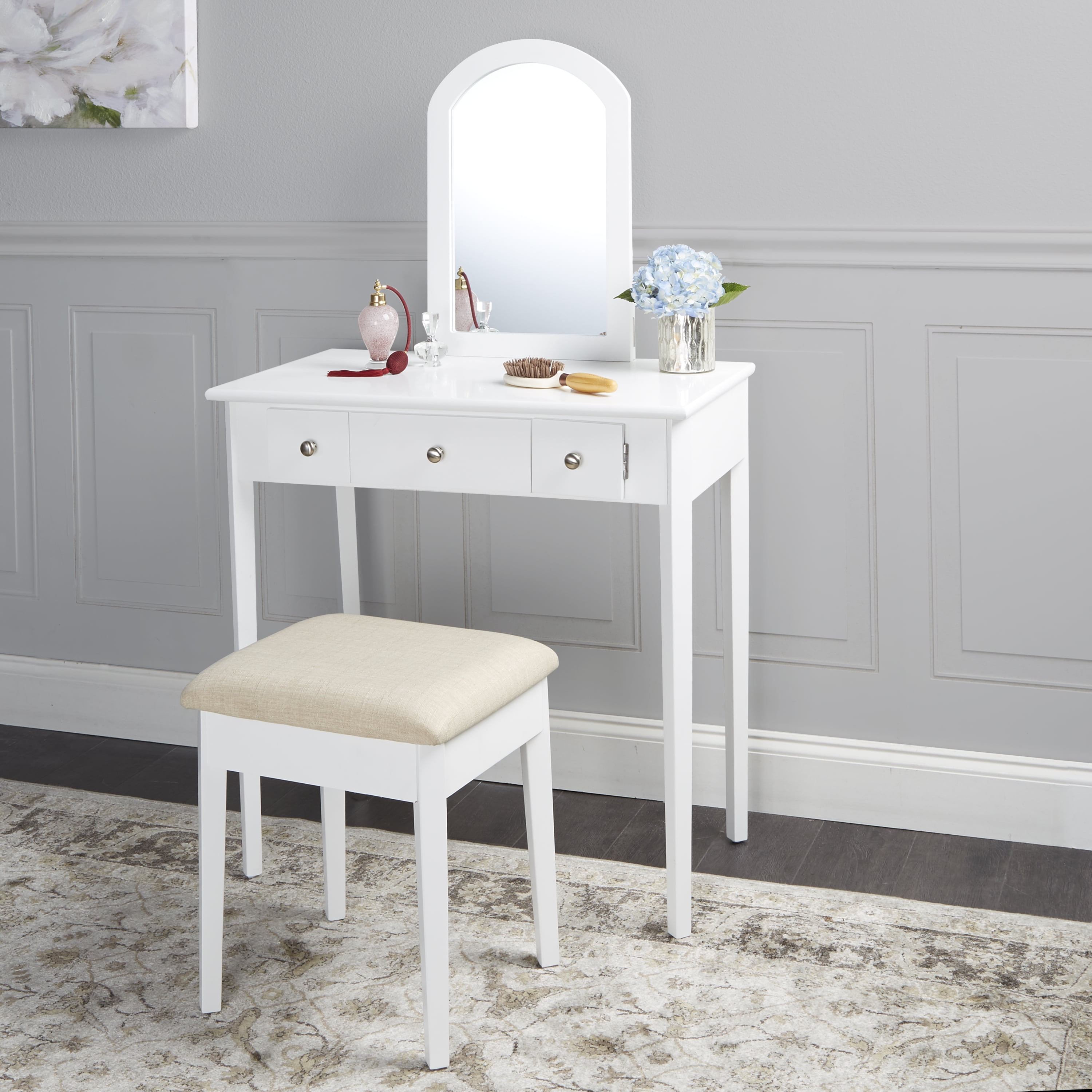 Mainstays Mirror Vanity With Bench Powered Outlet And 2 Usb Ports White Walmart Com Walmart Com