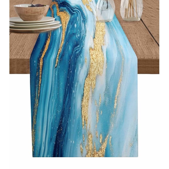 Table Runner Teal Blue Marble Table Decoration for Kitchen Dinning Gold Modern Art Table Decoration for Indoor Outdoor Party Wedding Decor 13x90inch