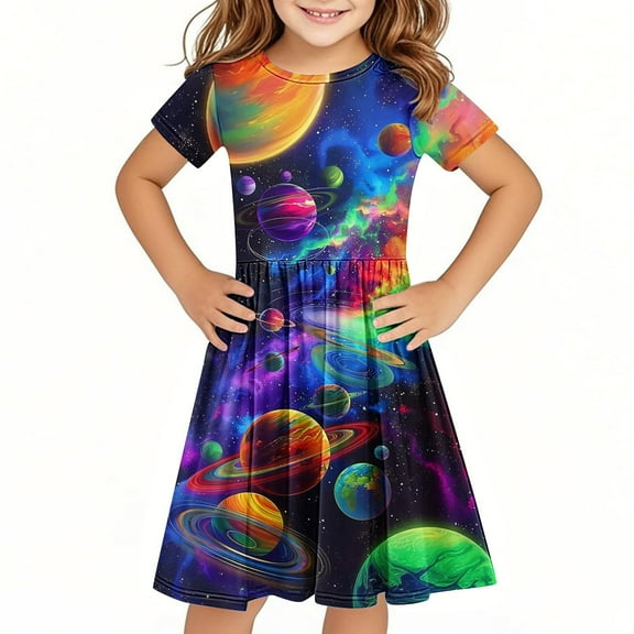 Hrsba Kids Summer Dress,Casual Dress for Girls,Toddler Kids Girls Cute Solid Color Print Short Sleeve Stretchy Dress A Line Dress