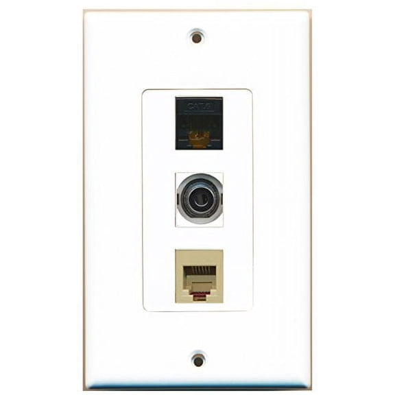 RiteAV - 1 Port Phone RJ11 RJ12 Beige and 1 Port 3.5mm and 1 Port Cat6 Ethernet Black Decorative Wall Plate Decorative