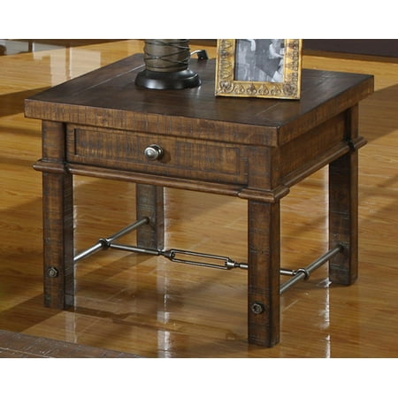 Pine End Table With Drawer Emerald Home Castlegate Pine Brown End Table with Storage Drawer, Plank Style Top, And Turnbuckle Bracing ()