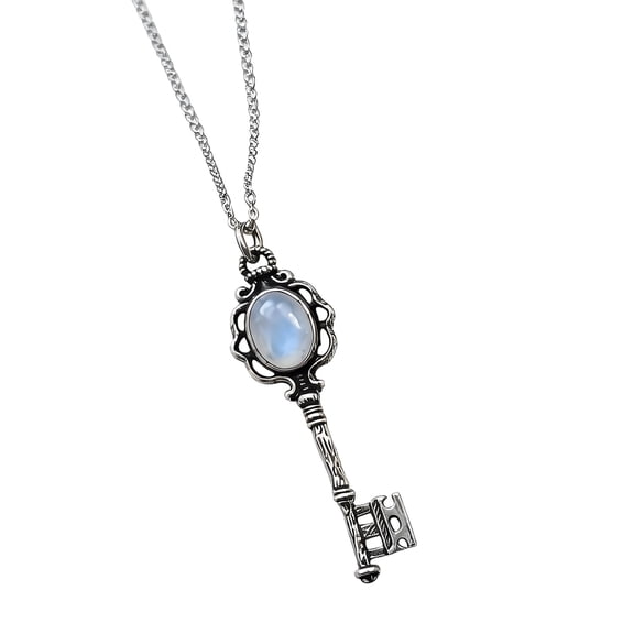Mystical Moonstone/Black Stone Skull Key Pendant Necklace Jewelry Dark Charm Collarbone Chain