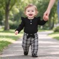 thumbnail image 2 of HCNTES Baby Girl Winter Clothes Baby Sweatsuit Baby Girl Clothes Long Sleeve Ruffle Ribbed Romper + Plaid Bow Pants + Headband Newborn Infant Cute Set, 2 of 7