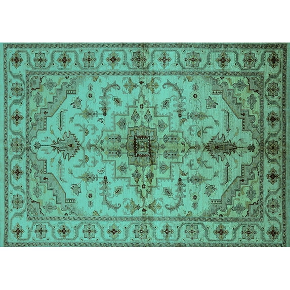 Ahgly Company Indoor Rectangle Oriental Turquoise Blue Industrial Area Rugs, 7' x 10'