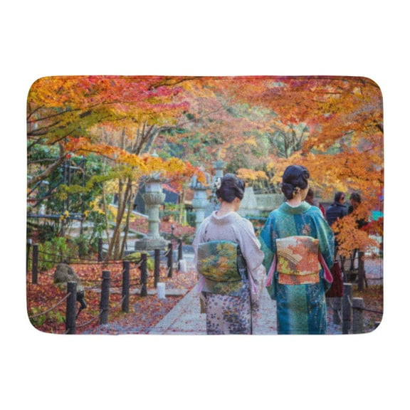 GODPOK Costume Orange Festival Japanese Ladies in Kimono Enjoy Autumn Leaves Red Local Couple Rug Doormat Bath Mat 23.6x15.7 inch