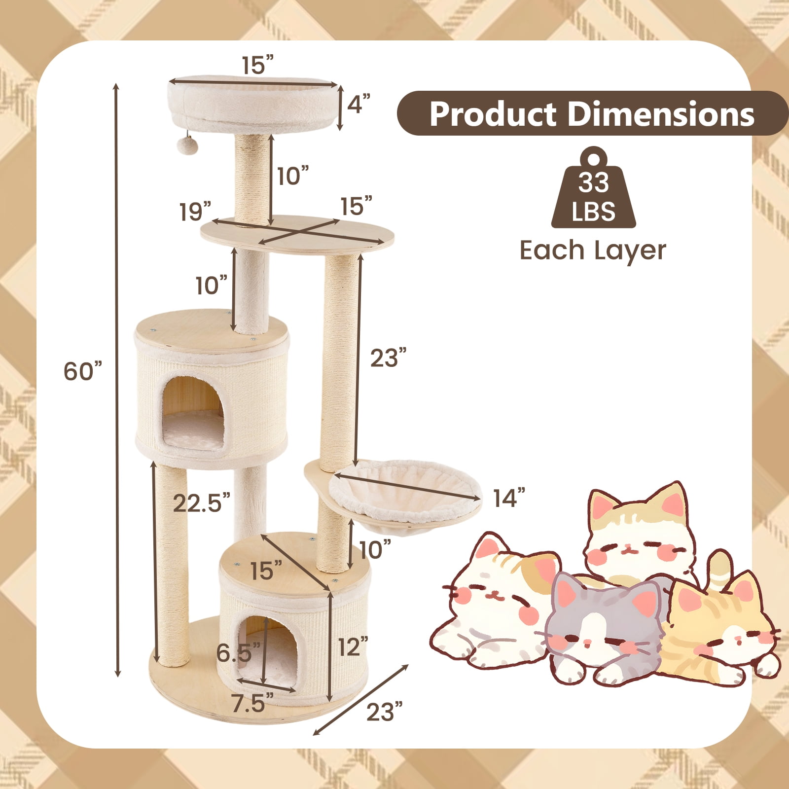 Gymax 60'' Tall Cat Tree Wooden Kitten Tower w/ Sisal Scratching Posts & Mat 2 Condos Perch Hammock