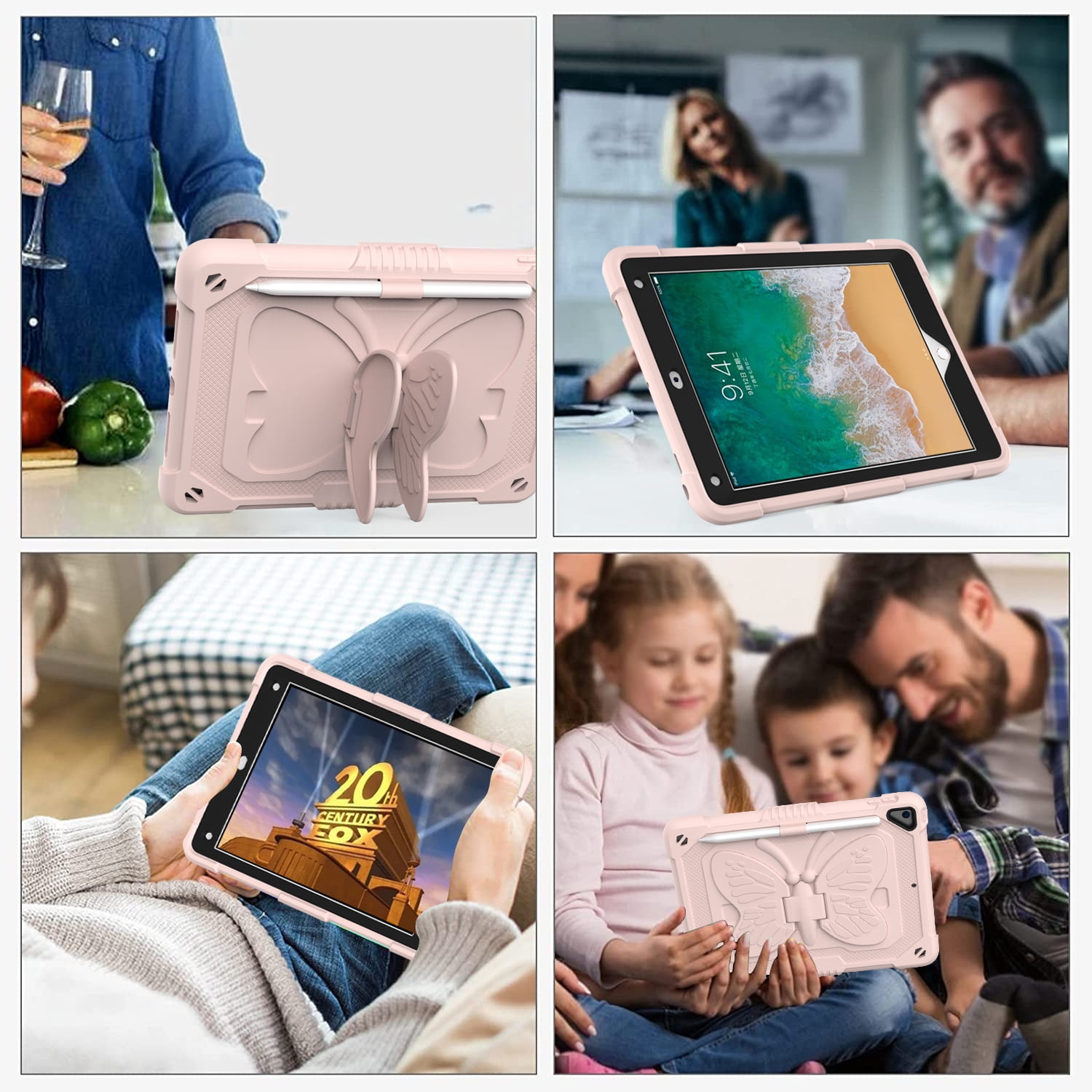 Dteck for iPad 6th 5th Generation Case with Kickstand Butterfly Wings Pencil Holder, Heavy Duty Hard Rugged Protective Cover Kids Girls for 9.7 inch iPad 6th/5th Gen/Air 2,Pink