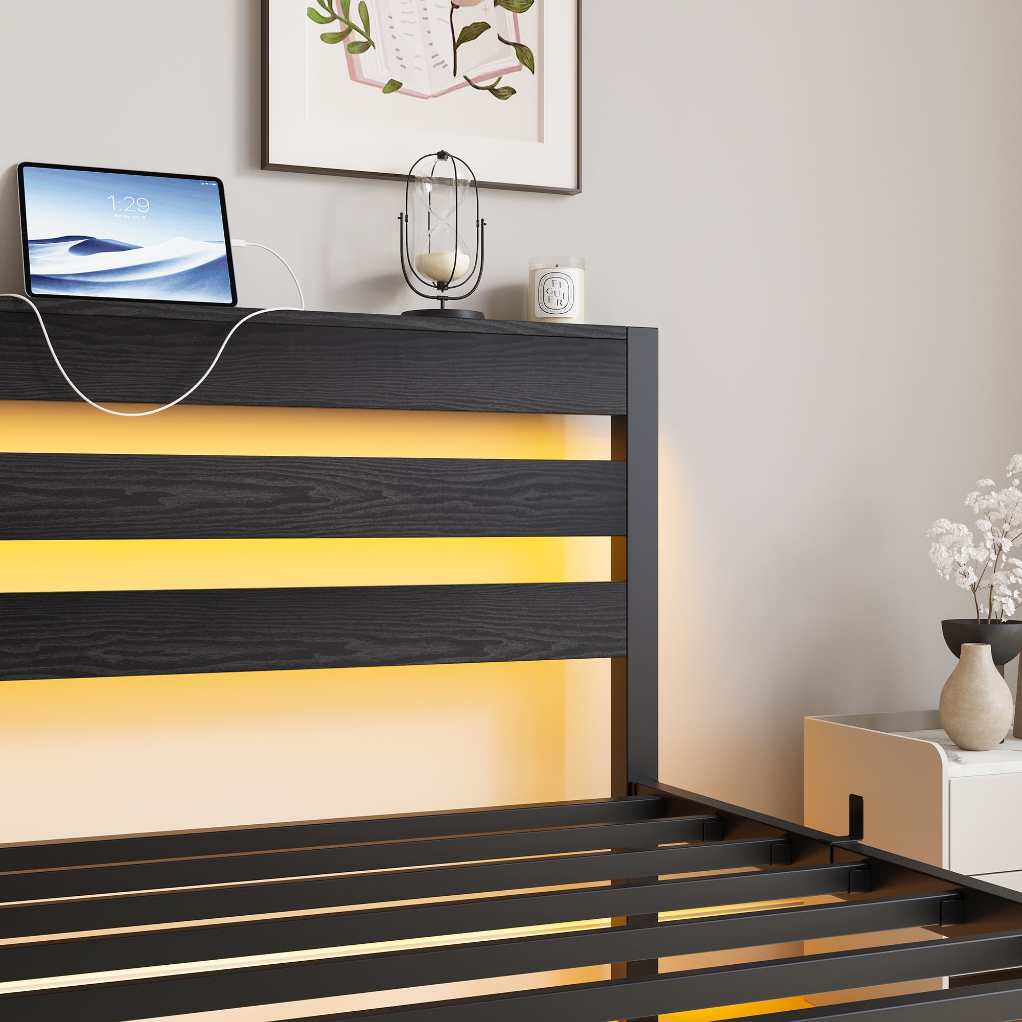 Yoneston Twin Size Bed Frame with LED Night Storage Headboard and USB Charging Station, 11" Black Duty Metal Platform Bed for Kids Childs Teens