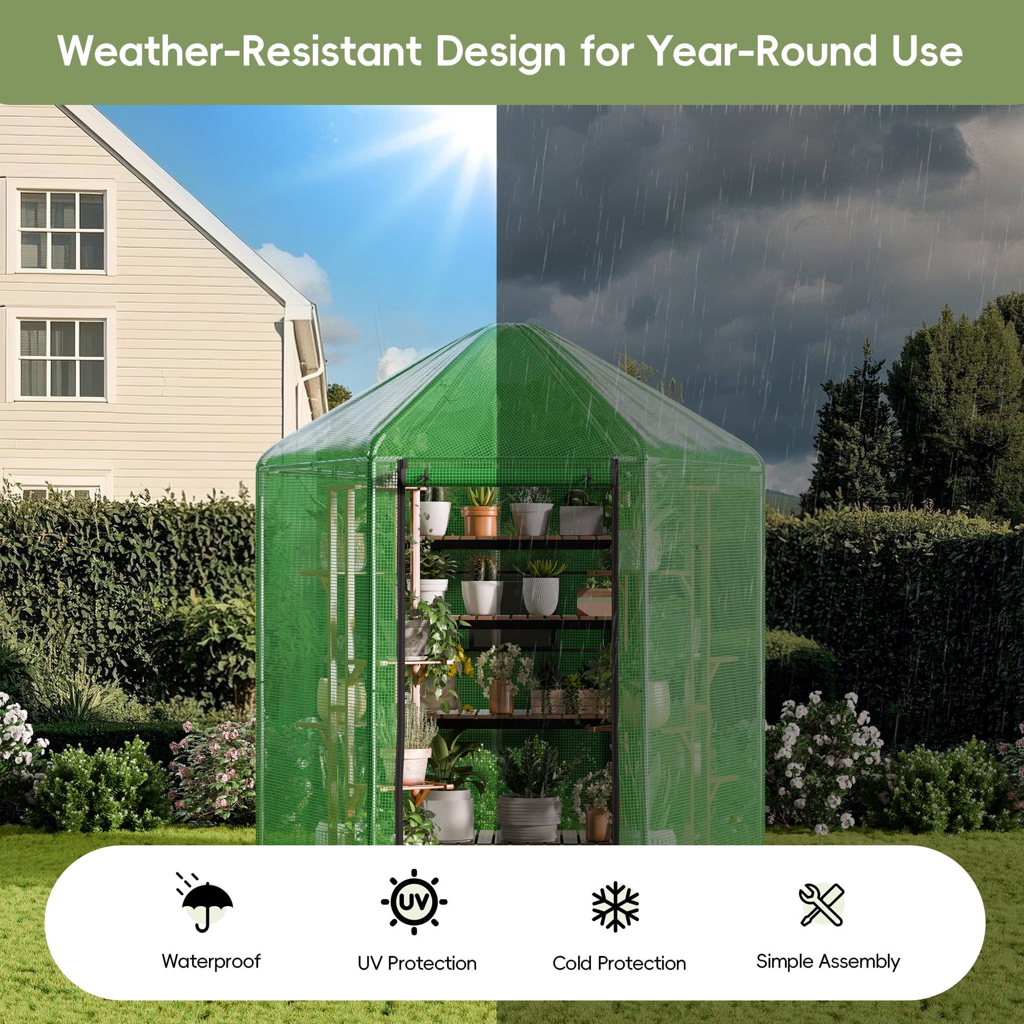 Outdoor Greenhouse, Heavy-Duty Walk-In Greenhouse for Garden/Patio/Backyard, 180g Double Layer PE Cover with Ground Stakes, Ideal for Winter Use, 7x7x7.3 FT