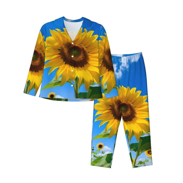 Balery Blue Sky Sunflower Conjunto de Pijama con Estampado para Mujer, Conjunto de Dos Piezas con Manga Larga, Ropa de Dormir Suave con Bolsillos, Pijamas Cómodos-Small