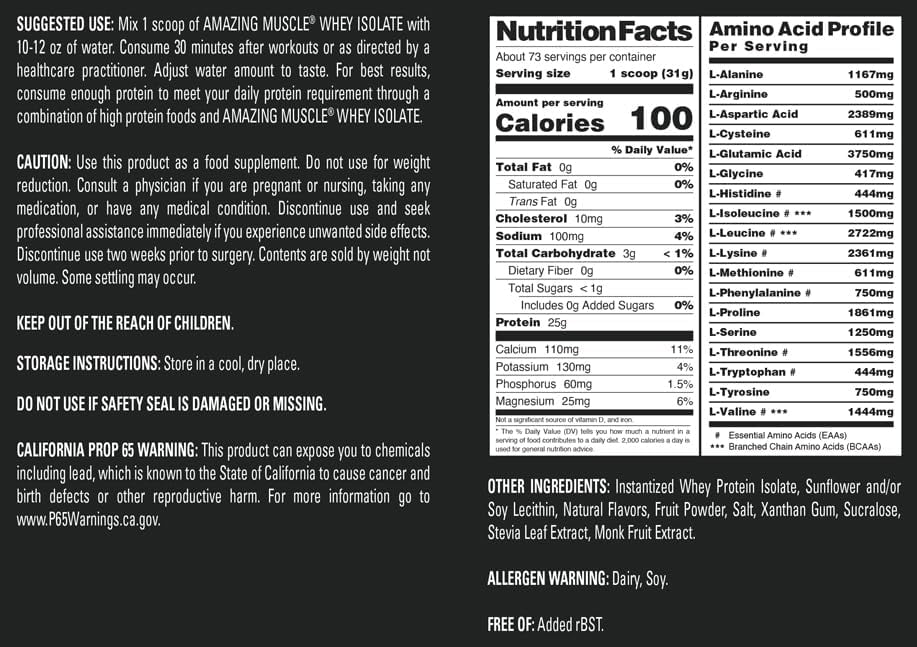 Amazing Muscle Whey Protein Isolate Powder 5 Lbs Strawberry Flavor | 25 Grams Protein Per Serving | 73 Servings Supplement | 100% Whey Isolate | Made in USA