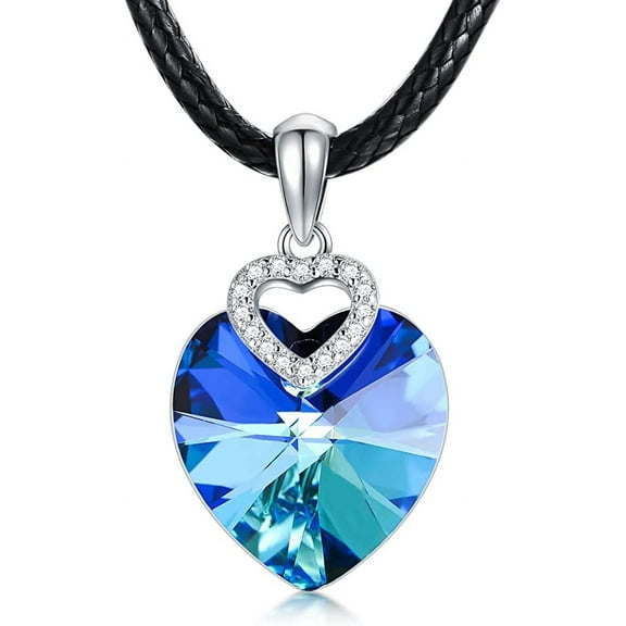 AOBOCO Blue Heart Crystal Necklace Sterling Silver Heart Crystals Jewelry Gifts for Women