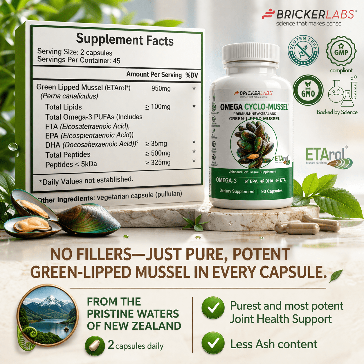 Bricker Labs Omega Cyclo - Mussel Joint Health Supplement, Premium New Zealand Green Lipped Mussel, Full Spectrum Omega Joint Supplements for Joint Health and Comfort, 90 Capsules