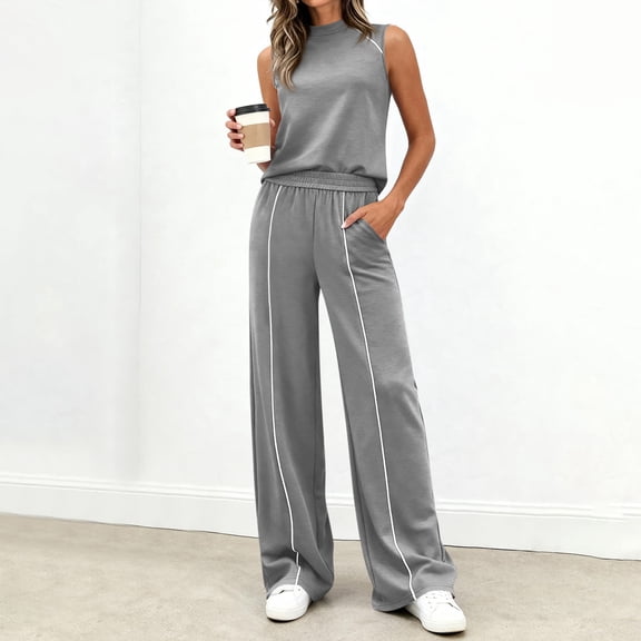 Iaqnaocc Two Piece Sets for Women Summer Casual Lounge Sets Stripes Vacation Fashion Mock Neck Tank Top Wide Leg Pants Activewear Gray S