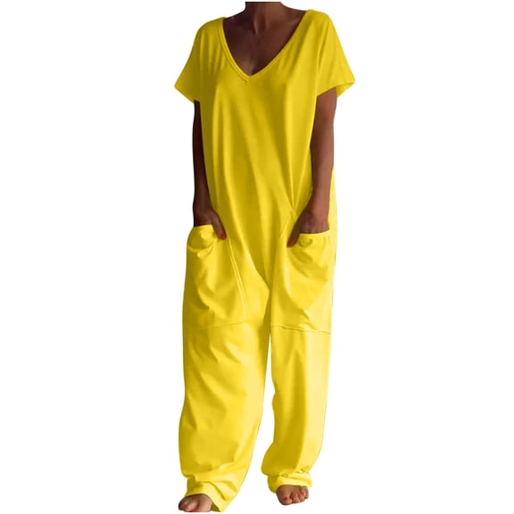 KyCheLot Women's Baggy Jumpsuits Oversized Summer V Neck Short Sleeve Wide Leg Rompers with Pockets