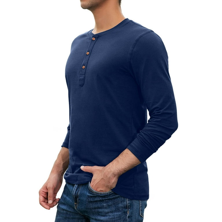 JWD Mens Henley Long Sleeve T Shirt Cotton Casual Shirt US Medium Navy Blue
