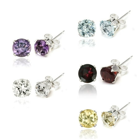 Amethyst Quartz Jewelry Set - Sterling Silver Amethyst, Blue Topaz, Citrine & Garnet Stud Earrings Set - 6mm