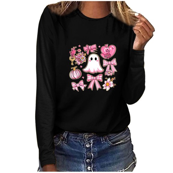 Womens Tops Plus Size Breast Cancer Day Printed Long Sleeve Casual Loose Round Neck T-shirt Blouse 5-Black