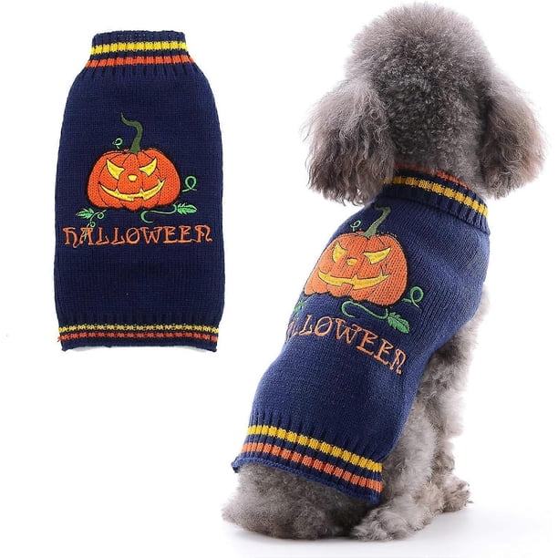 Suéter para perro, Halloween, otoño, invierno, cuello alto, tejido, cálido, ropa para cachorros, atuendos, festivos, divertido, calabaza, disfraces para mascotas (talla pequeña, azul marino)