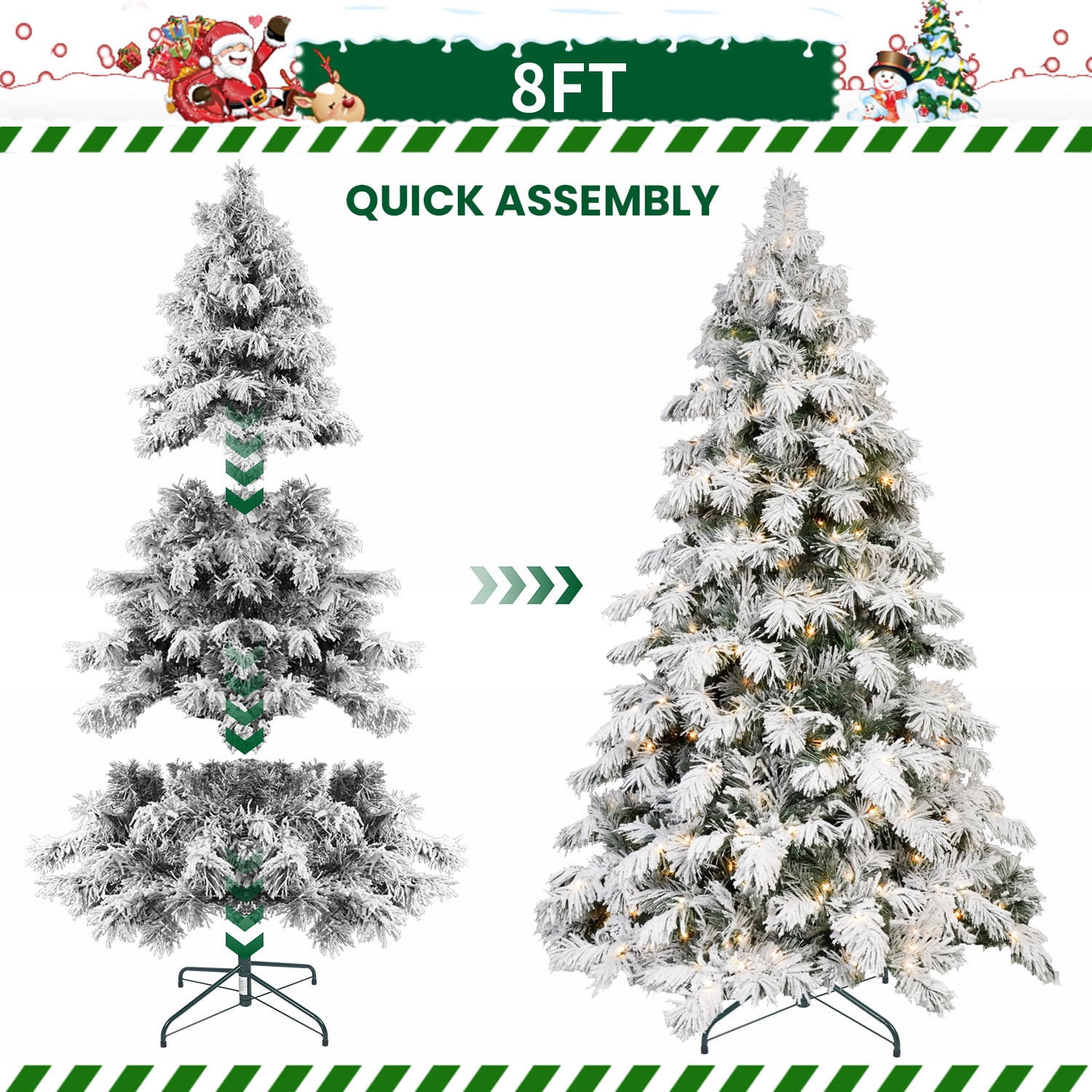 Euroco 7ft Flocked Scarecrow-Shaped Christmas Tree with 360 Warm White LED Lights, 890 PVC Memory Wire Tips,Power Pole & Hinged Structure – Realistic Snowy Holiday Tree
