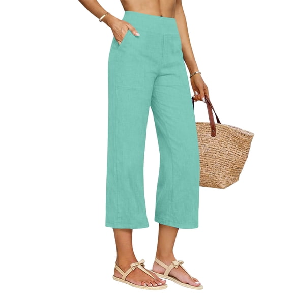 Karymi Pants for Women Solid Natural Linen High Waist Front Stitched Patch Pocket Relaxed Straight Leg Cropped Casual Culotte Pants with Side Pockets Women Clothing