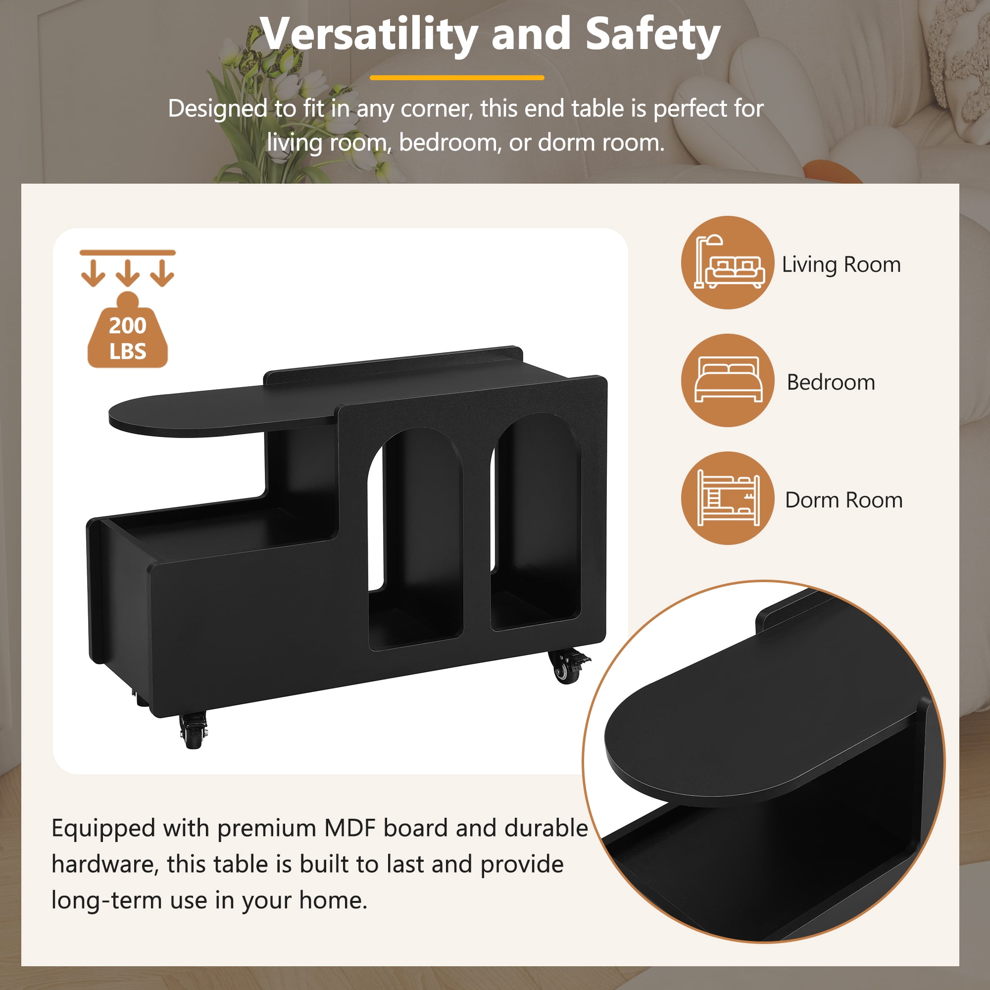 MAYEERTY Mobile End Table with Lockable wheels, Side Table, Narrow Nightstand with Multi-layer Storage, Black