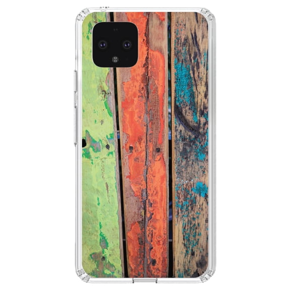 DistinctInk Clear Shockproof Hybrid Case for Google Pixel 4 (5.7" Screen) - TPU Bumper, Acrylic Back, Tempered Glass Screen Protector - Rough Painted Wood Print - Printed Wood Grain Image