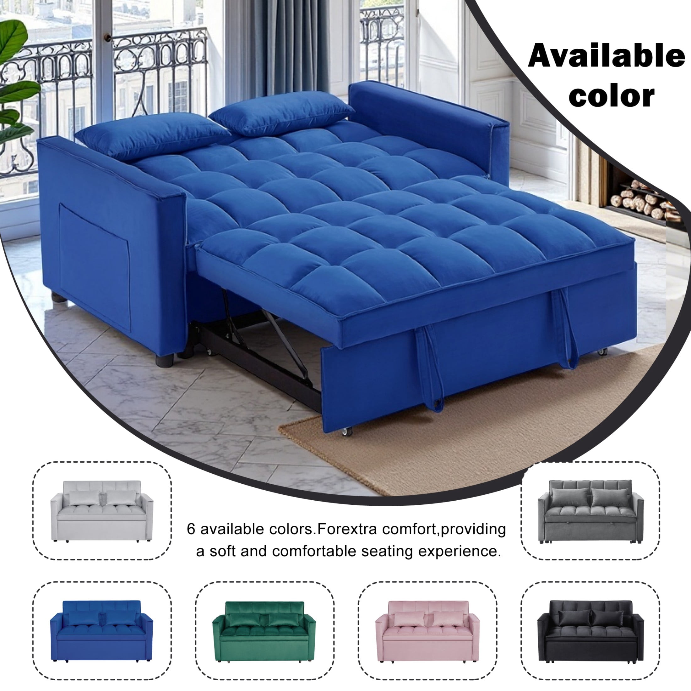 Gewnee 54" Modern Convertible Velvet Futon Sofa Bed with Pull-Out Sleeper and Adjustable Backrest, Loveseat Couch for Living Room or Office (Blue)