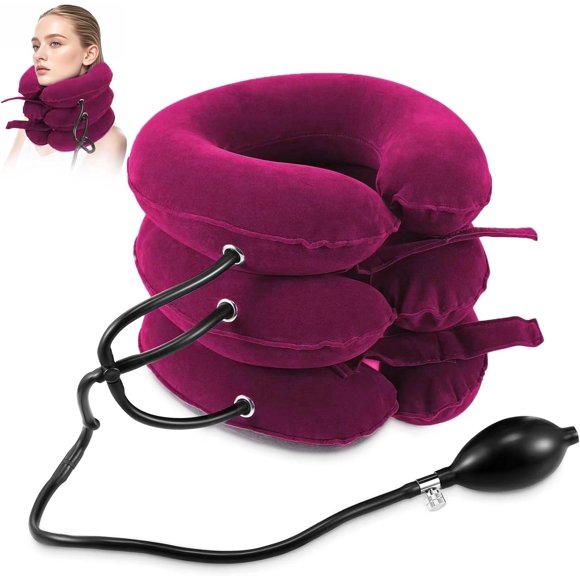 Dispositivo de tracción cervical para aliviar el dolor de cuello. Collarín inflable ajustable y aparato de tracción cervical. Dispositivo de descompresión cervical para uso doméstico (rojo).