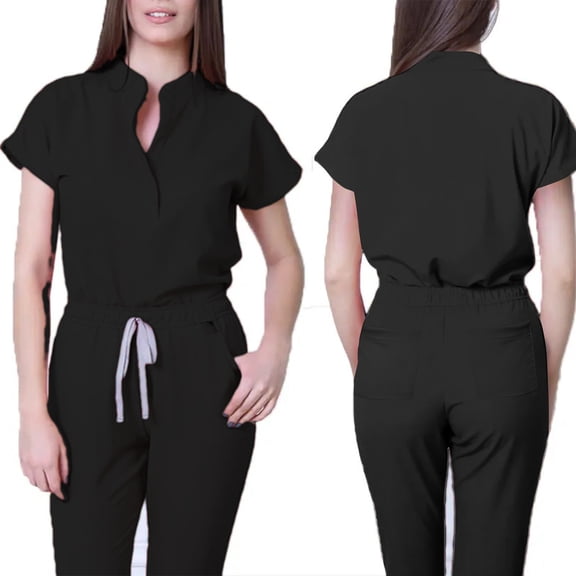 Scrubs for Women Scrub Sets, Slim Scrubs Stretch Top & Jogger Scrub Pants with Multi Pocket Yoga Waistband Black S