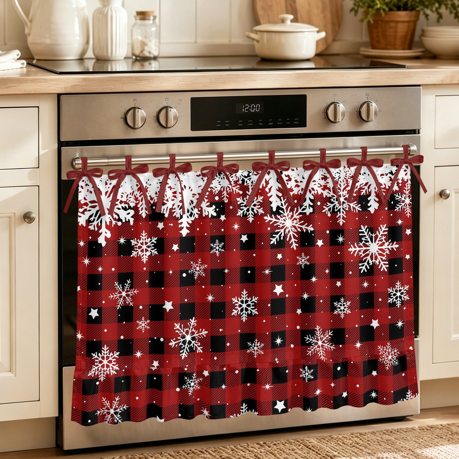Oven Curtain for Kitchen Winter Snowflake Star Stove Curtain With Ruffled Trim Dishwasher Curtains Christmas Red Black Buffalo Plaid Oven Skirt 32 x24
