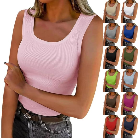 BiZtdJrK Womens Square Neck Tank Tops Solid Basic Sleeveless Shirts Casual Workout Cropped Tanks Red L