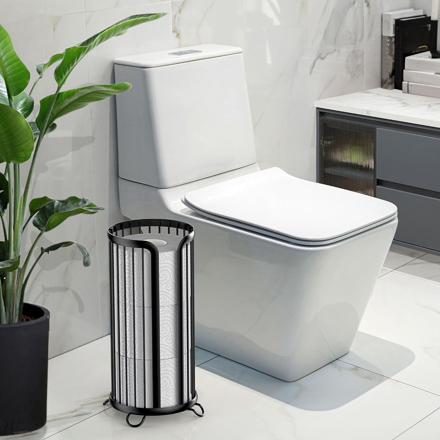Toilet Paper Holder Stand, Freestanding Toilet Tissue Organizer, Minimalistic Storage Solution, Reserve Mega Rolls-Modern Black