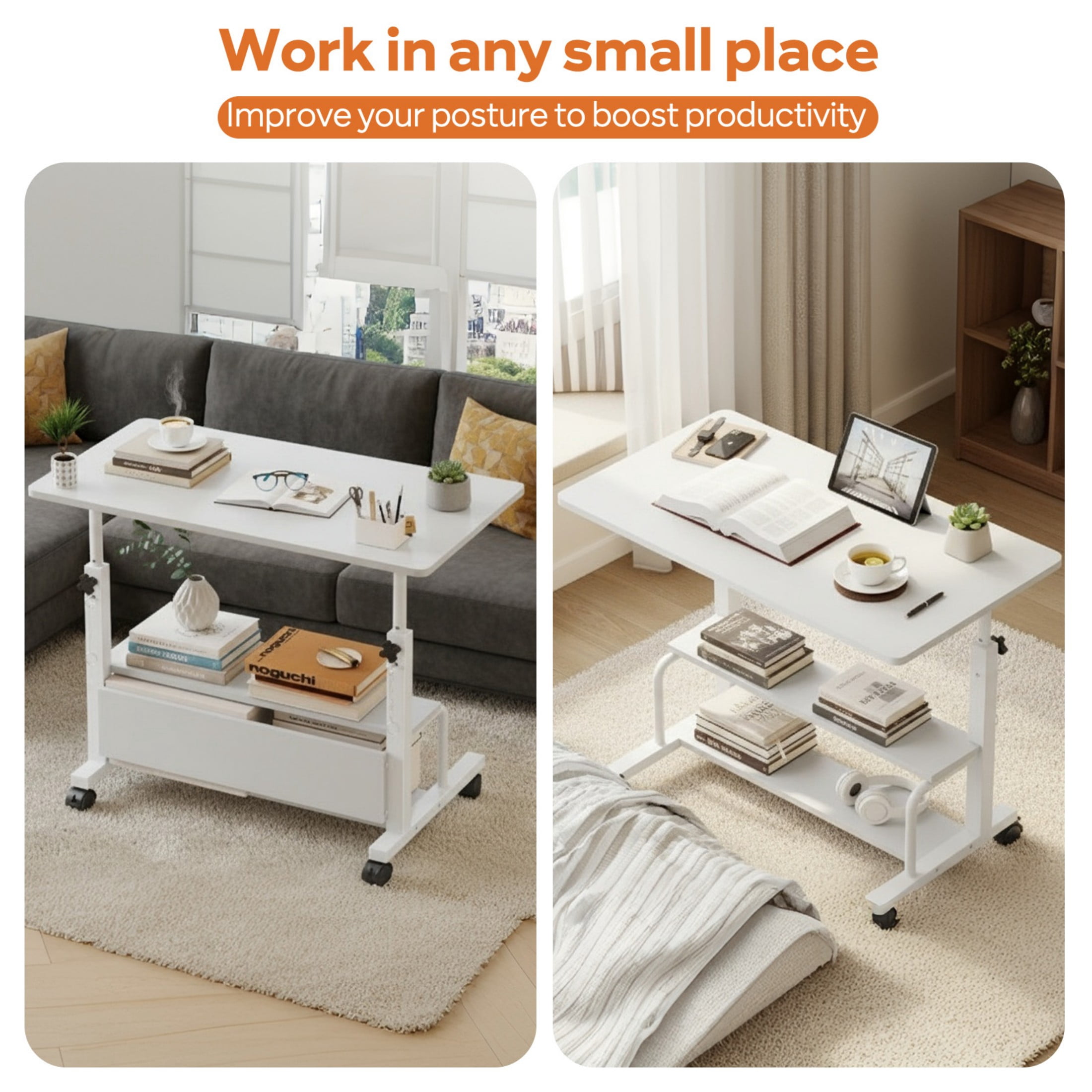 CONCETTA 31.5'' Adjustable Height Rolling Computer Desk with Storage Shelves, Portable Mobile Desk for Small Spaces Home Office, White